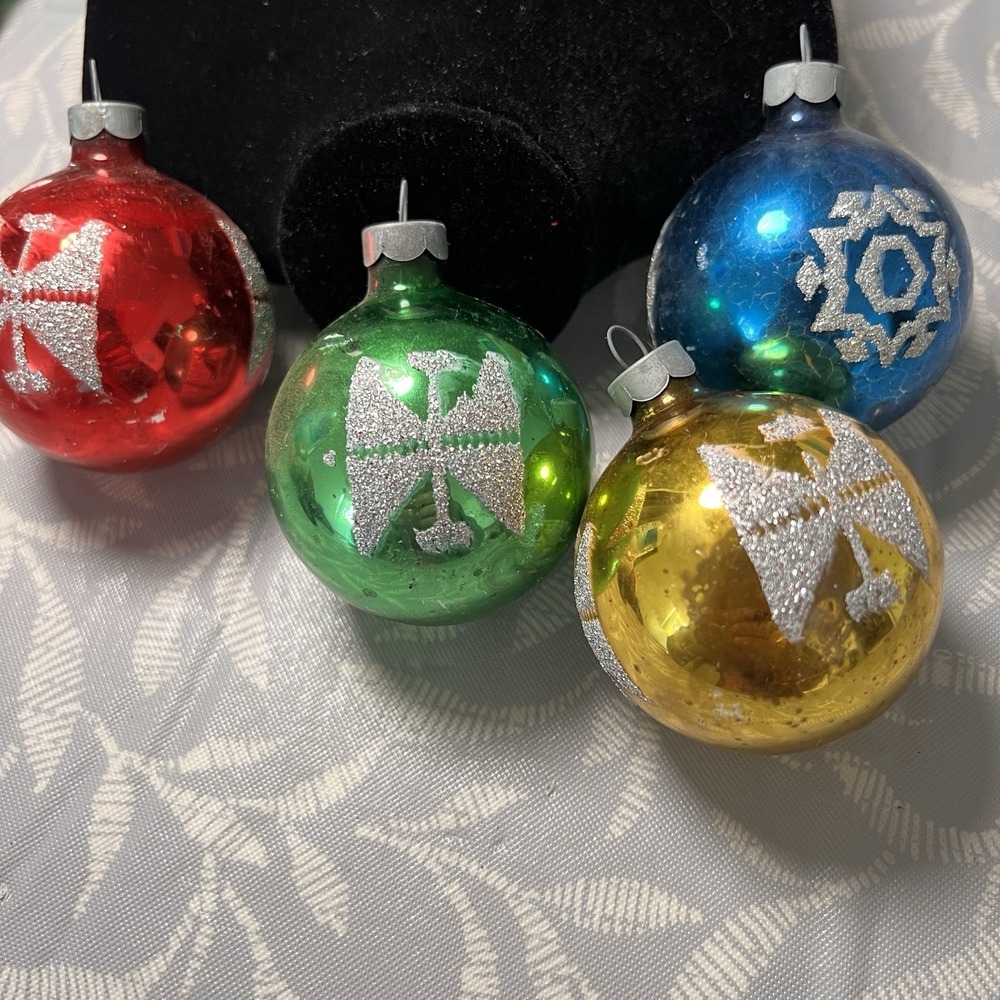 Vintage USA MADE‎ Mercury Glass Christmas Ornaments Stencil Glitter Lot 4